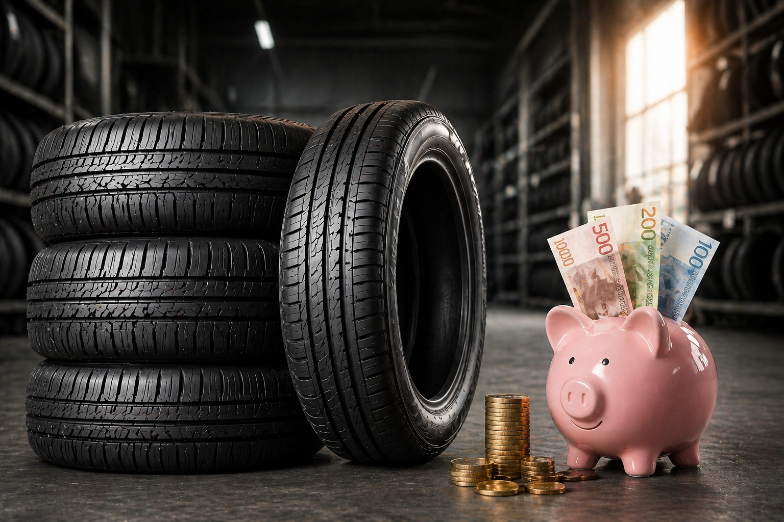 däck och spargris med pengar